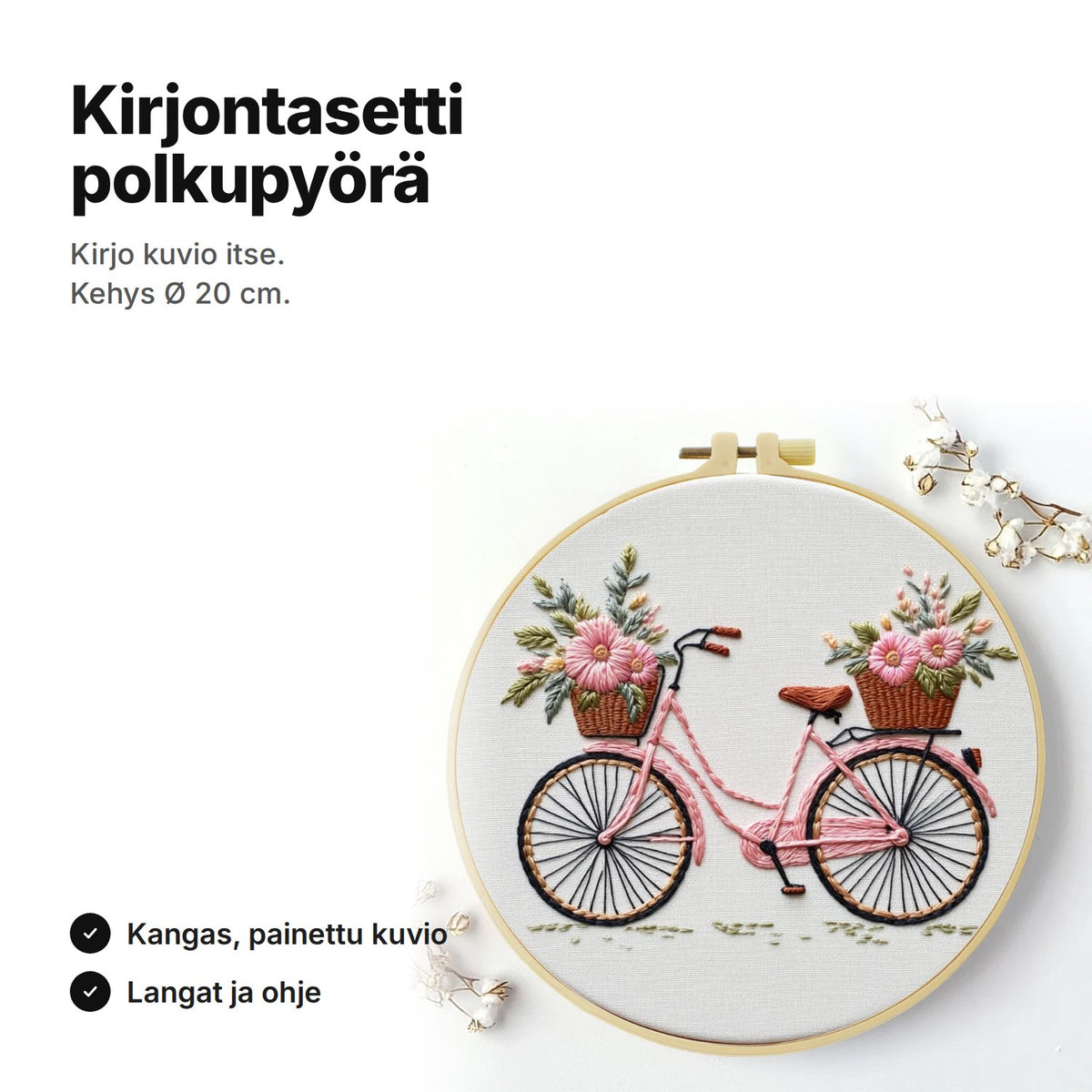 Kirjontasetti polkupyörä ja kukkakorit, kirjontakehys Ø 20 cm