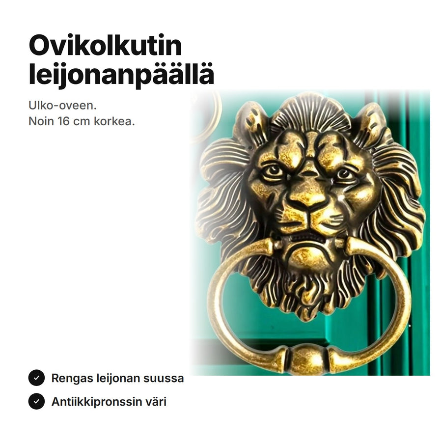 Leijonanpäinen ovikolkutin antiikkipronssin värisenä vihreässä ulko-ovessa, noin 16 cm korkea