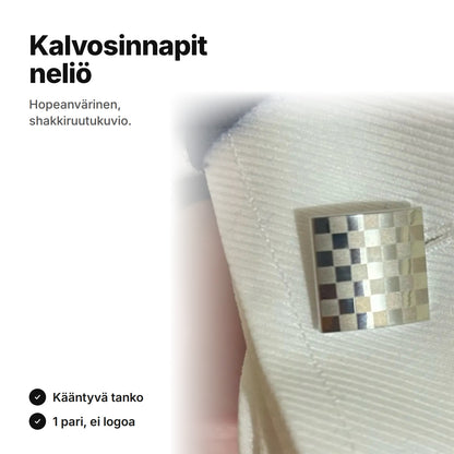Hopeanväriset kalvosinnapit, neliö shakkiruutukuviolla, paidan kalvosimessa