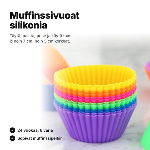 Silikoniset muffinssivuoat kuudessa värissä pinottuna työtasolla – Ø noin 7 cm, 24 kpl