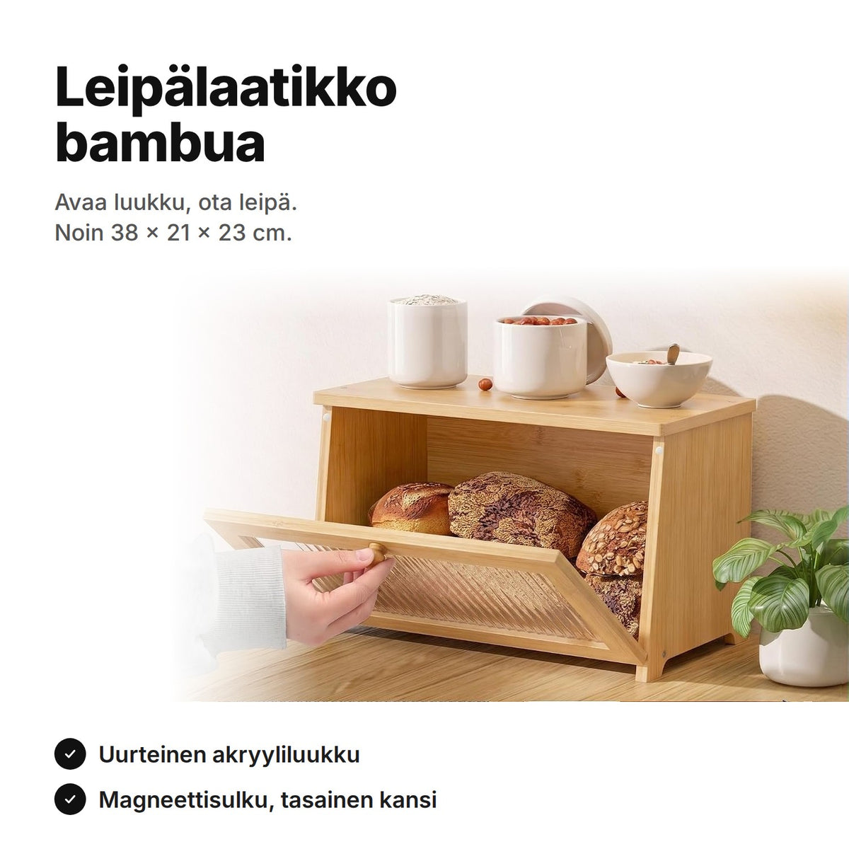 Leipälaatikko bambua uurteisella akryyliluukulla, avattuna leivät sisällä – noin 38 × 21 × 23 cm
