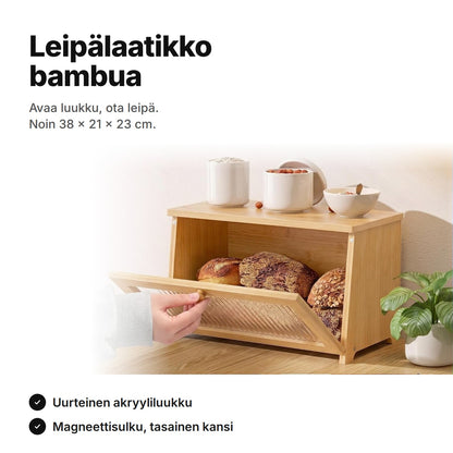 Leipälaatikko bambua uurteisella akryyliluukulla, avattuna leivät sisällä – noin 38 × 21 × 23 cm