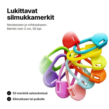 Lukittavat silmukkamerkit: 50 merkkiä sekaväreissä, merkki noin 2 cm, neuleeseen ja virkkaukseen