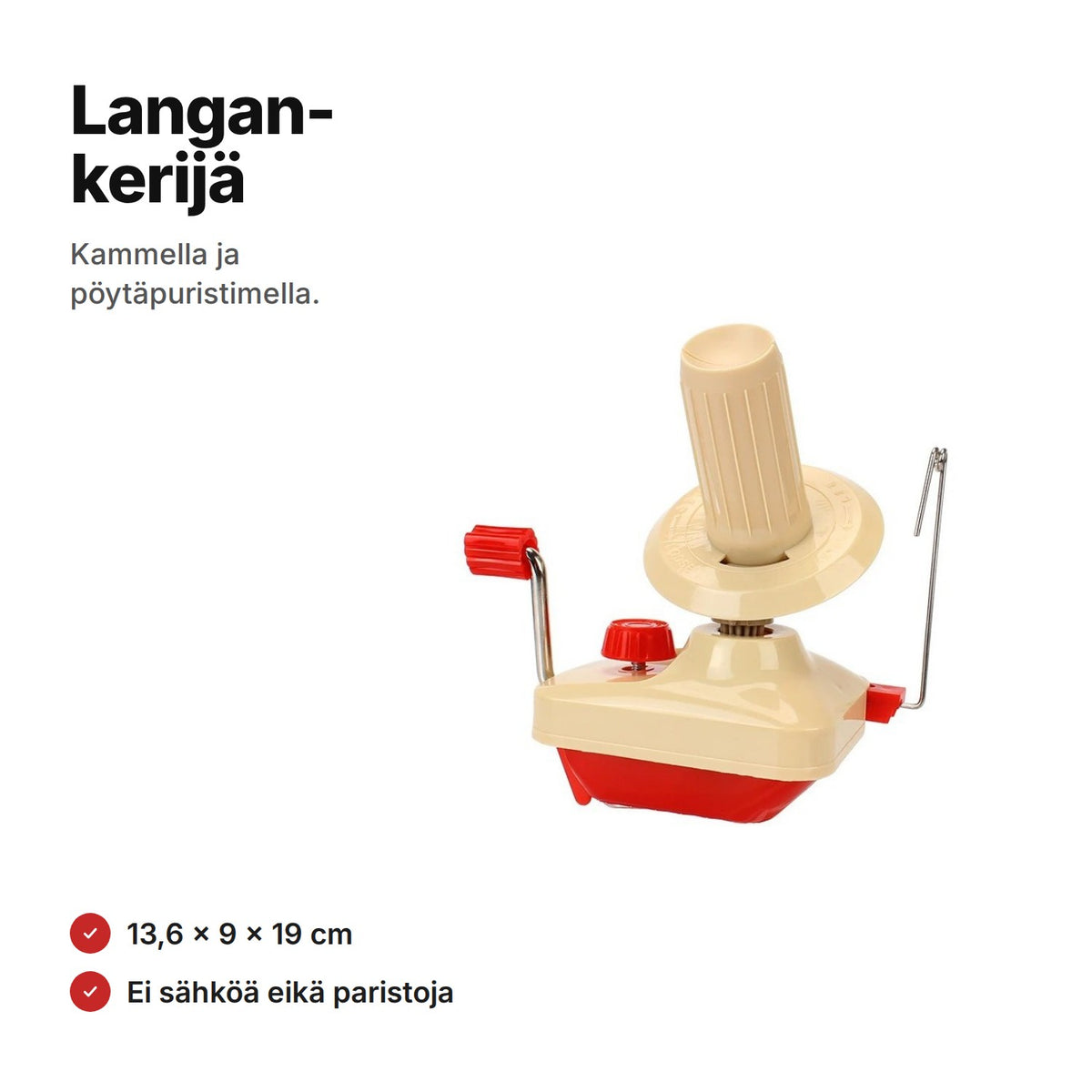 Langankerijä kermanvalkoinen ja punainen – kampi, langanohjain ja pöytäpuristin, 13,6 × 9 × 19 cm