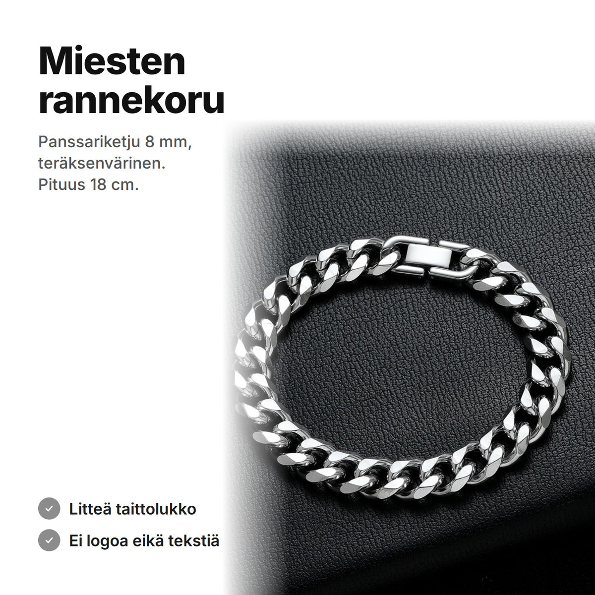 Teräksenvärinen miesten rannekoru, panssariketju 8 mm, pituus 18 cm