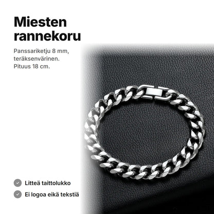 Teräksenvärinen miesten rannekoru, panssariketju 8 mm, pituus 18 cm