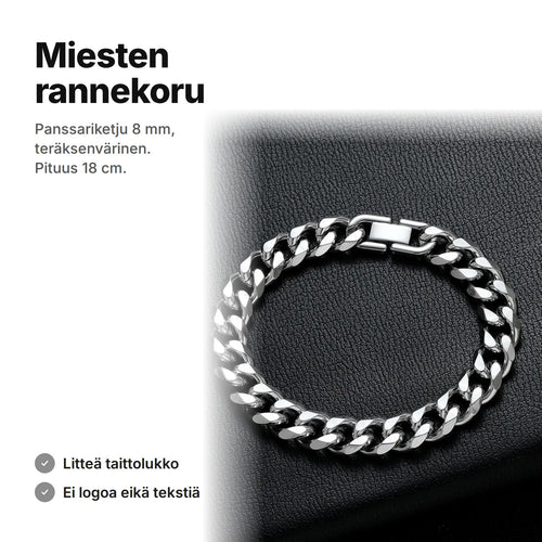 Teräksenvärinen miesten rannekoru, panssariketju 8 mm, pituus 18 cm