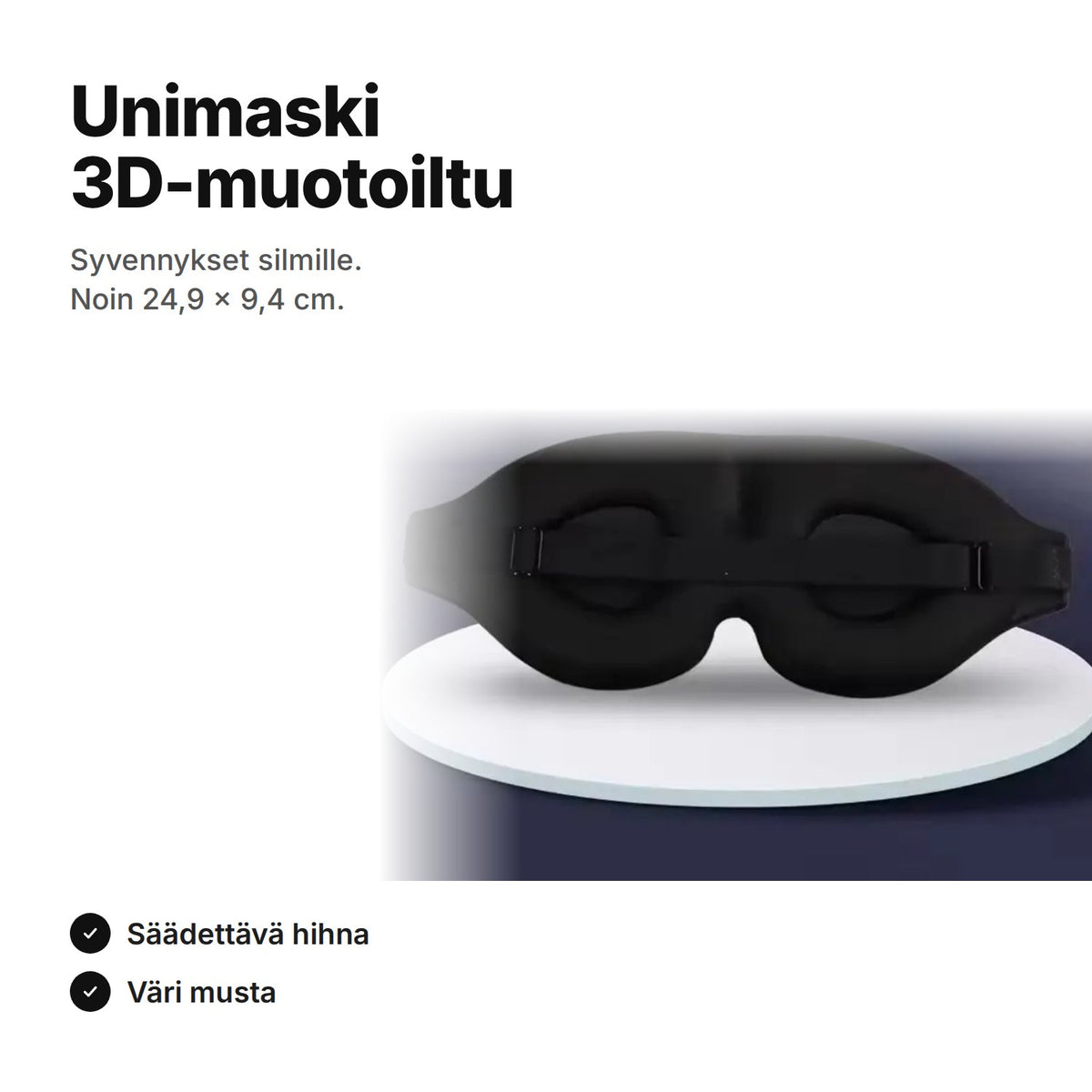 Unimaski 3D-muotoiltu, musta, syvennykset silmille, noin 24,9 × 9,4 cm