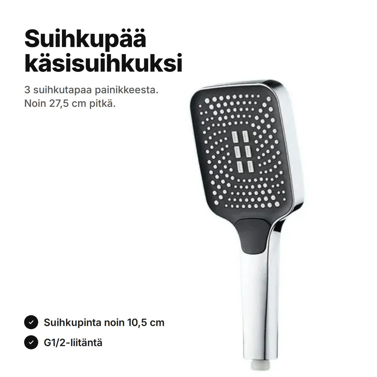 Neliskulmainen suihkupää käsisuihkuksi, kromi ja musta, noin 27,5 cm pitkä