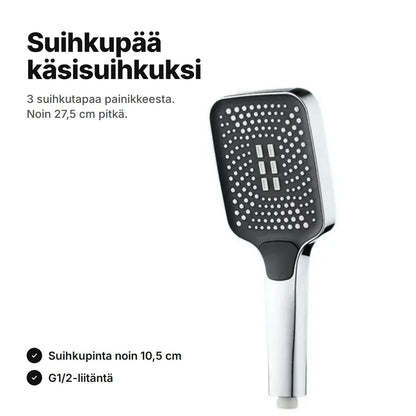 Neliskulmainen suihkupää käsisuihkuksi, kromi ja musta, noin 27,5 cm pitkä