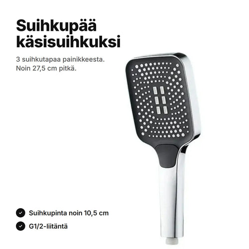 Neliskulmainen suihkupää käsisuihkuksi, kromi ja musta, noin 27,5 cm pitkä