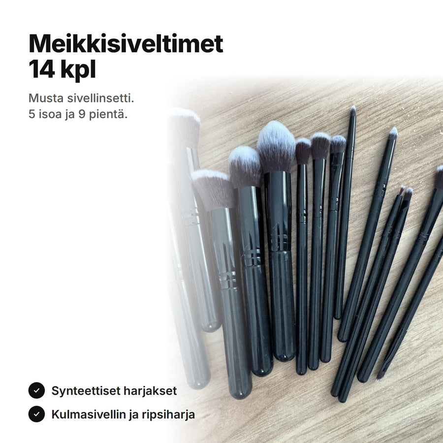 Meikkisiveltimet 14 kpl: musta sivellinsetti, 5 isoa ja 9 pientä sivellintä, synteettiset harjakset