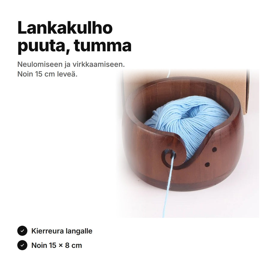 Tumma puinen lankakulho, noin 15 cm leveä ja 8 cm korkea, kierreura langalle