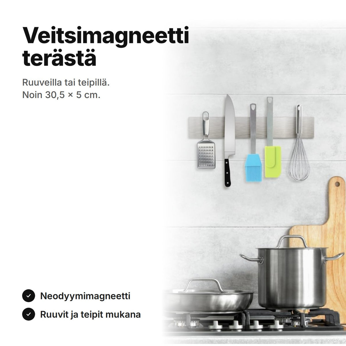 Veitsimagneetti ruostumatonta terästä keittiön seinällä, siinä keittiövälineitä – noin 30,5 × 5 cm, ruuvit ja teipit mukana