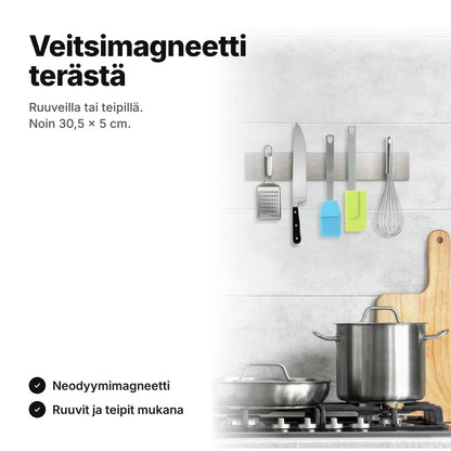 Veitsimagneetti ruostumatonta terästä keittiön seinällä, siinä keittiövälineitä – noin 30,5 × 5 cm, ruuvit ja teipit mukana