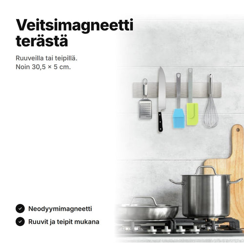 Veitsimagneetti ruostumatonta terästä keittiön seinällä, siinä keittiövälineitä – noin 30,5 × 5 cm, ruuvit ja teipit mukana