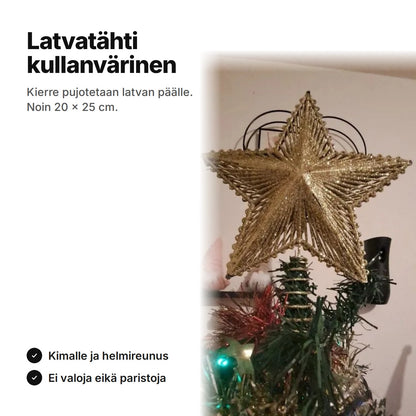 Kullanvärinen latvatähti kimalteella ja kierrejalalla, noin 20 × 25 cm, ilman valoja