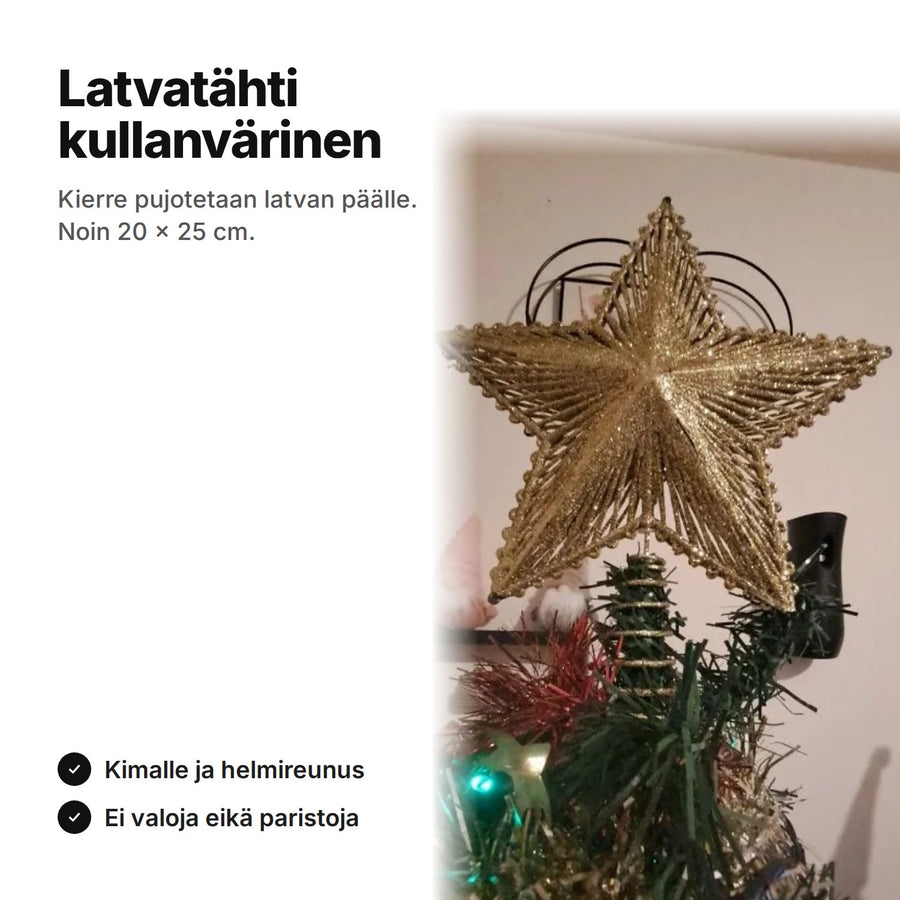 Kullanvärinen latvatähti kimalteella ja kierrejalalla, noin 20 × 25 cm, ilman valoja
