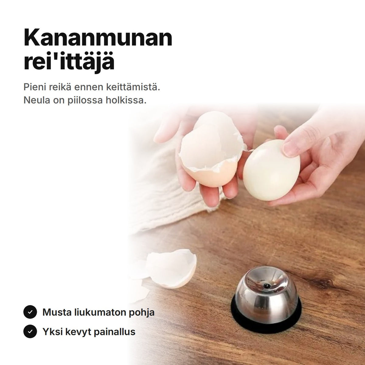 Kananmunan rei'ittäjä ja kuorittu kananmuna – neula piilossa holkissa, musta liukumaton pohja