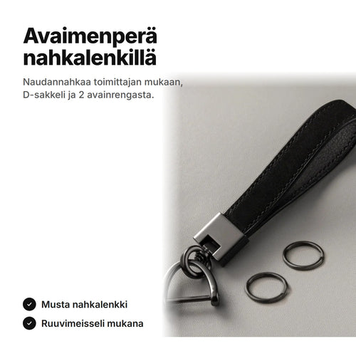 Musta avaimenperä nahkalenkillä, D-sakkeli ja kaksi avainrengasta
