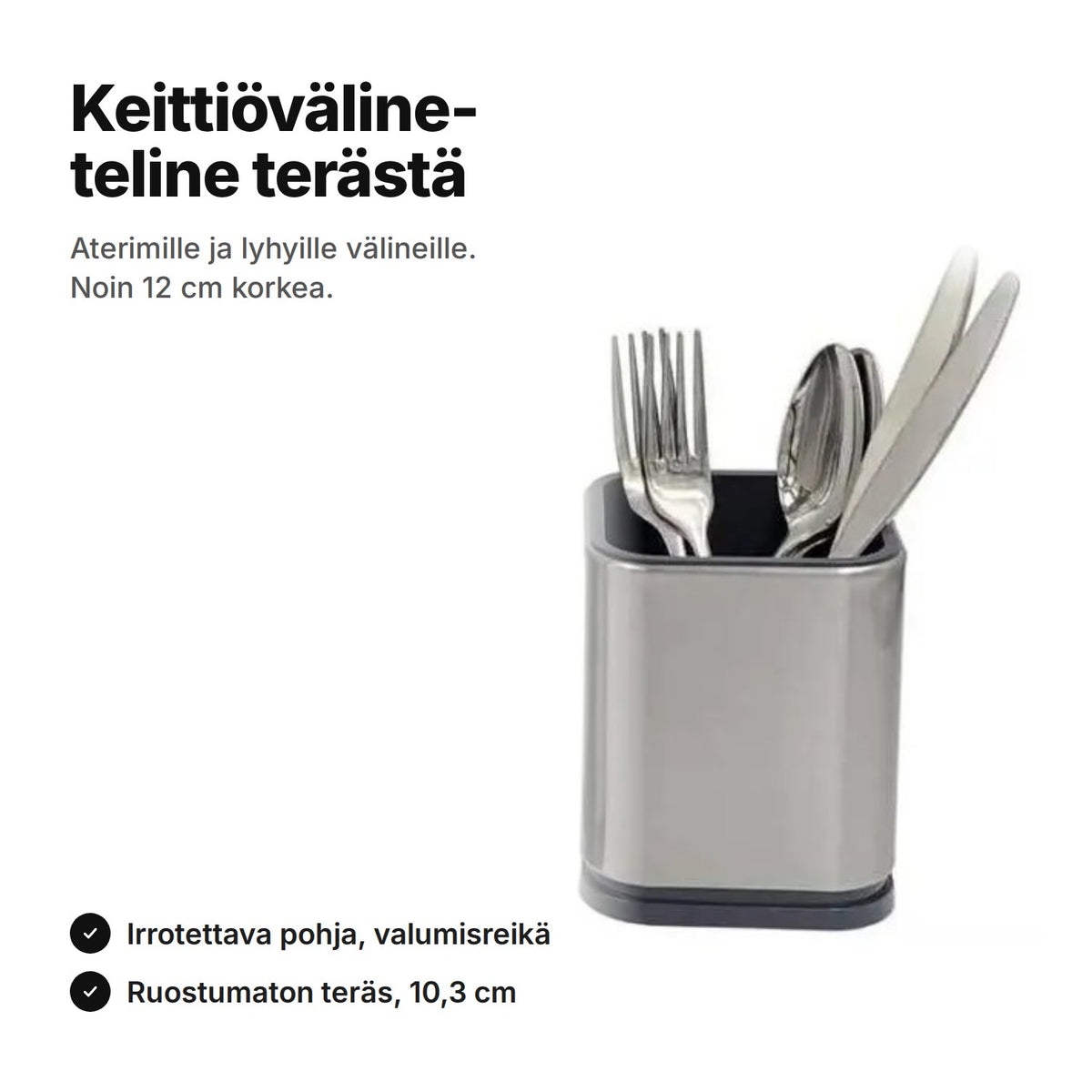Keittiövälineteline ruostumatonta terästä aterimien kanssa – noin 12 cm korkea ja 10,3 cm leveä