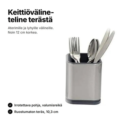 Keittiövälineteline ruostumatonta terästä aterimien kanssa – noin 12 cm korkea ja 10,3 cm leveä