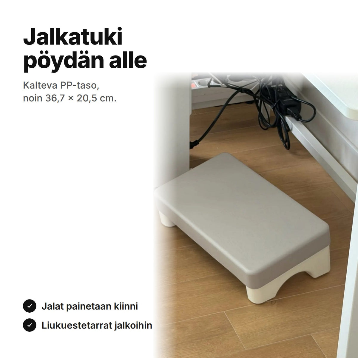 Jalkatuki pöydän alle harmaa – kalteva PP-taso noin 36,7 × 20,5 cm kahden painettavan jalan päällä työpöydän alla
