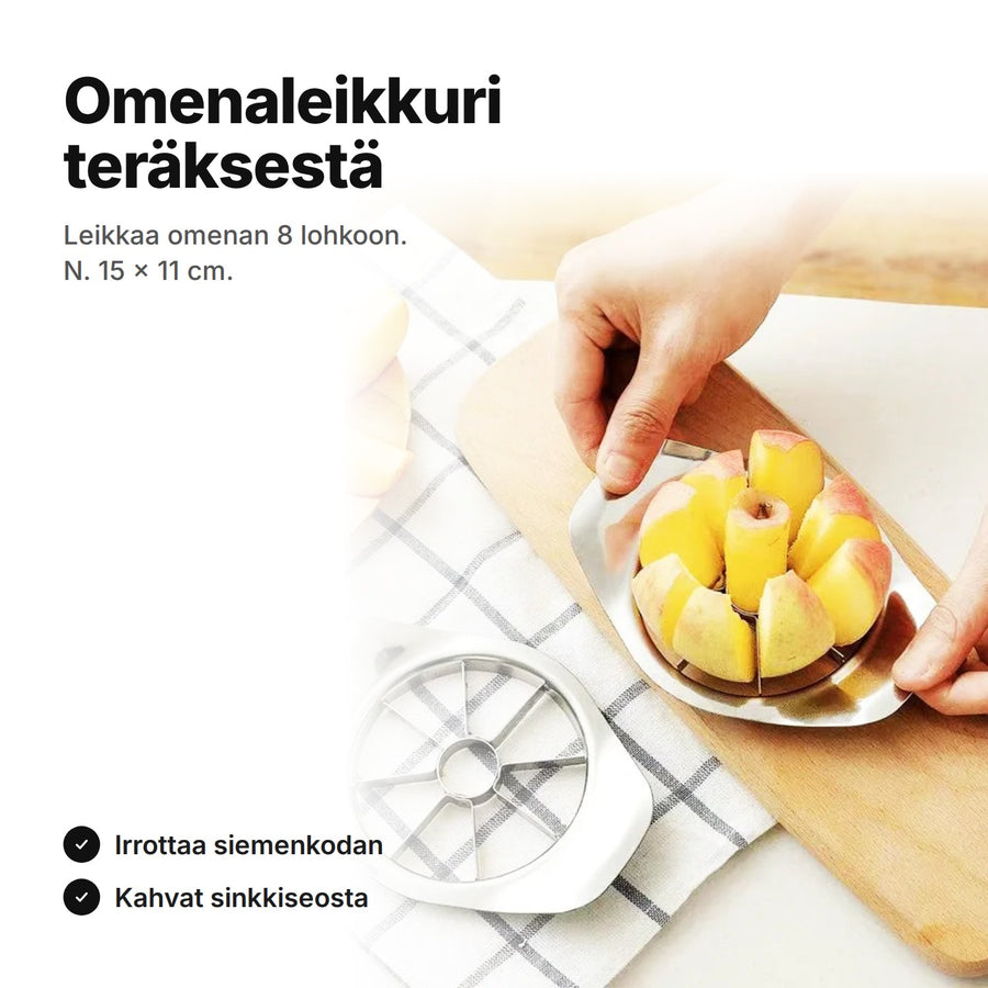 Omenaleikkuri ruostumatonta terästä painetaan omenan läpi – 8 lohkoa, n. 15 × 11 cm