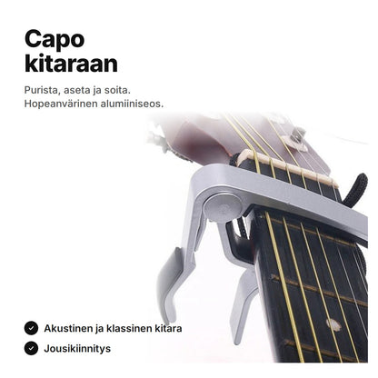 Hopeanvärinen capo kitaraan: akustiseen ja klassiseen kitaraan, jousikiinnitys