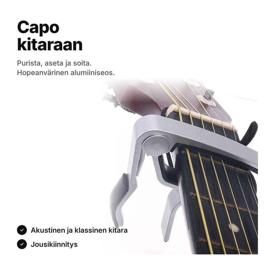 Hopeanvärinen capo kitaraan: akustiseen ja klassiseen kitaraan, jousikiinnitys