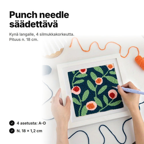 Punch needle -kynä säädettävä: langalle, 4 silmukkakorkeutta, n. 18 × 1,2 cm