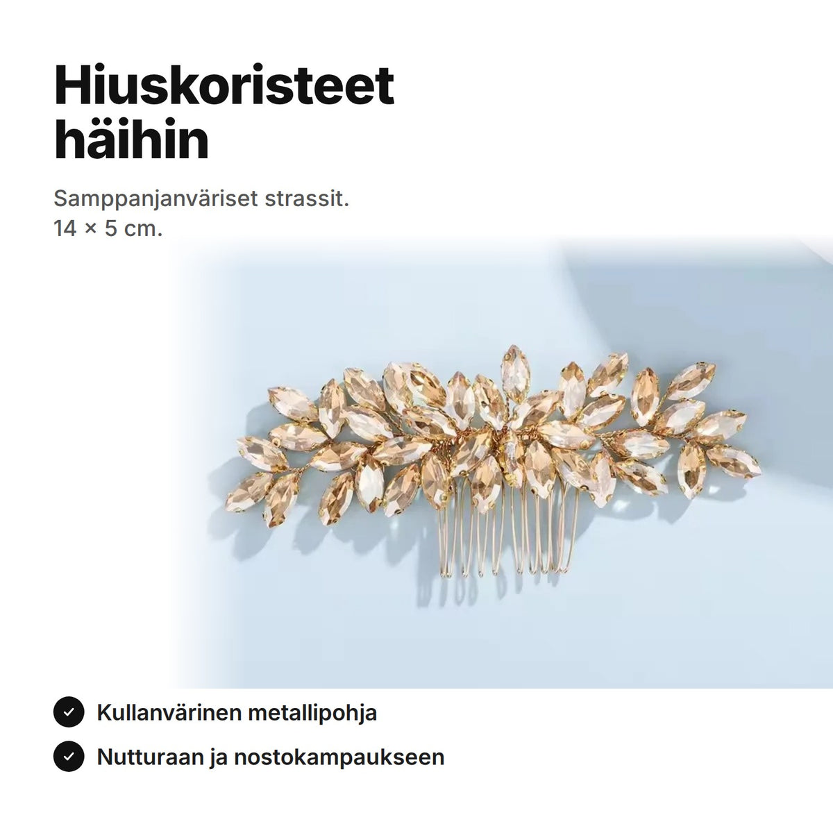 Hiuskoristeet häihin: samppanjanvärinen strassikampa, 14 × 5 cm