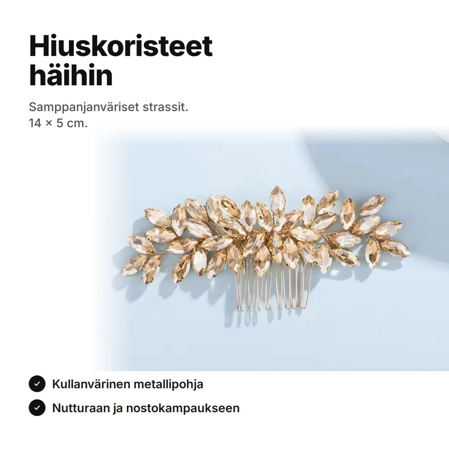 Hiuskoristeet häihin: samppanjanvärinen strassikampa, 14 × 5 cm