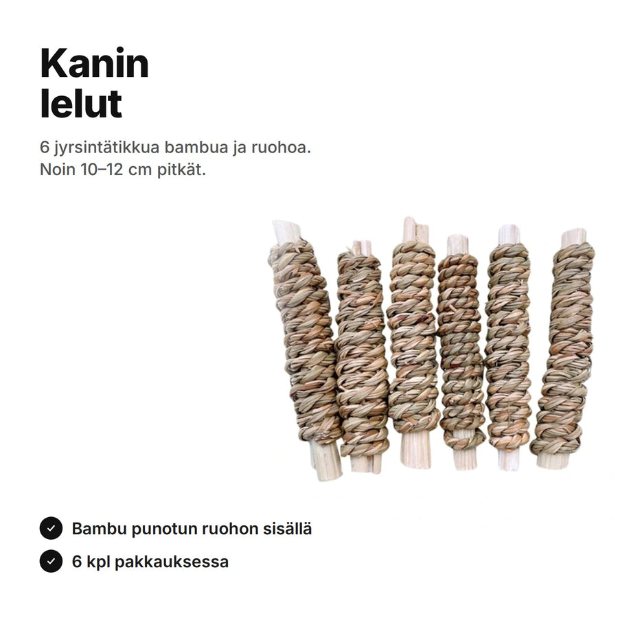 Kanin lelut: 6 jyrsintätikkua, bambutikku punotun ruohon sisällä, noin 10–12 cm