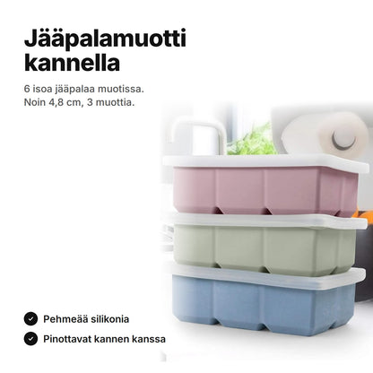 Silikoniset jääpalamuotit kannella, 3 kpl pinossa: sininen, vihreä ja roosa – 6 noin 4,8 cm:n jääpalaa muottia kohti