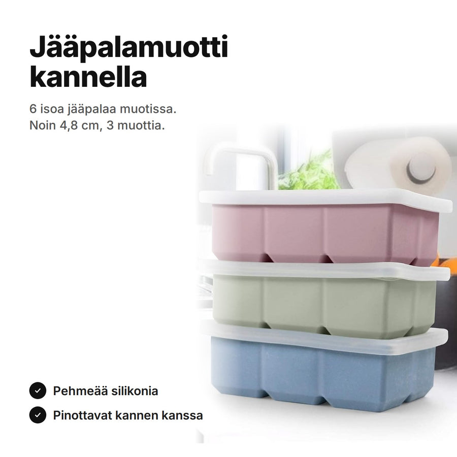 Silikoniset jääpalamuotit kannella, 3 kpl pinossa: sininen, vihreä ja roosa – 6 noin 4,8 cm:n jääpalaa muottia kohti
