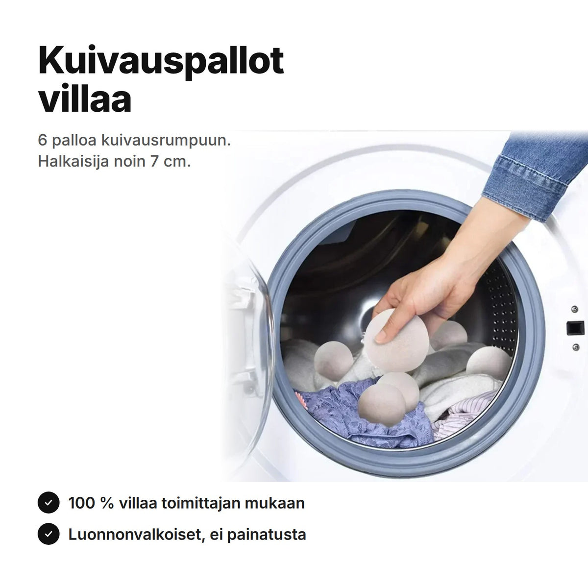 Kuivauspallot villaa, 6 luonnonvalkoista palloa kuivausrumpuun, halkaisija noin 7 cm