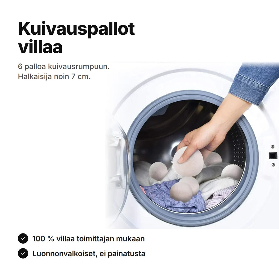 Kuivauspallot villaa, 6 luonnonvalkoista palloa kuivausrumpuun, halkaisija noin 7 cm