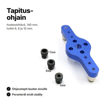 Tapitusohjain sininen – itsekeskittävä porausohjain 6, 8 ja 10 mm:n tapeille, 14 cm