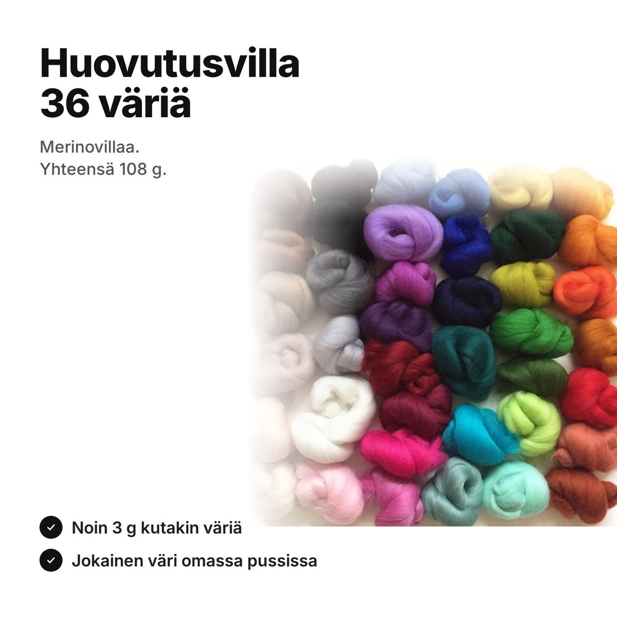 Huovutusvilla 36 väriä: merinovillatopsit rinnakkain, noin 3 g kutakin väriä