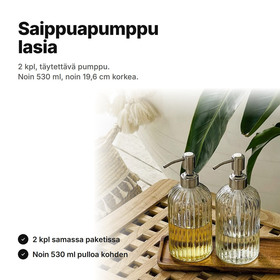 Saippuapumppu lasia, 2 kpl hopeanvärisellä pumpulla puutarjottimella – noin 530 ml, noin 19,6 cm korkea