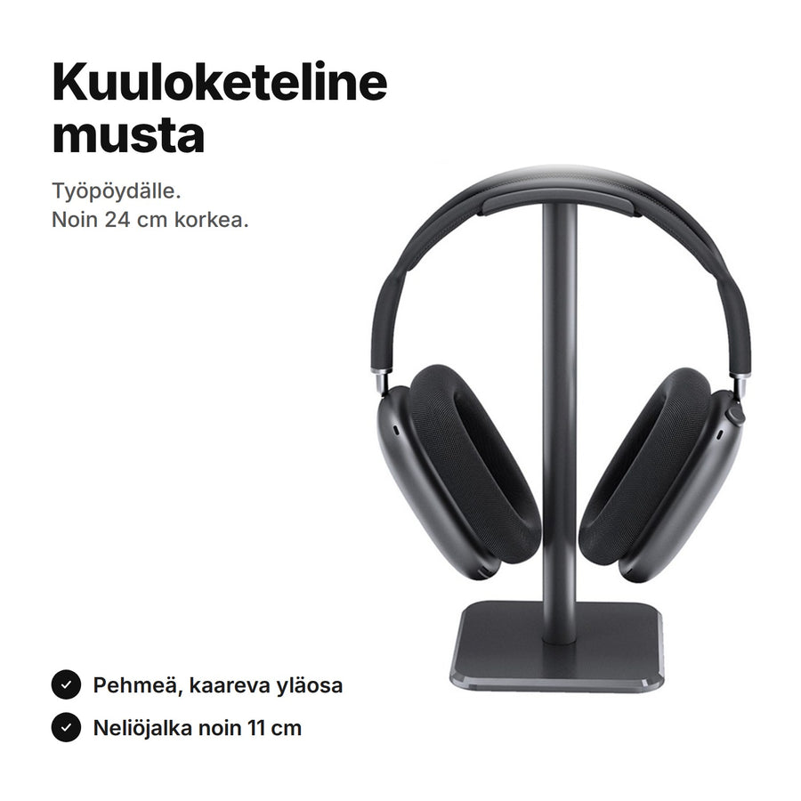 Musta kuuloketeline, noin 24 cm korkea, pehmeä kaareva yläosa ja noin 11 cm:n neliöjalka