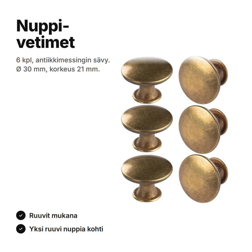 Kuusi pyöreää nuppivedintä antiikkimessingin sävyssä, Ø 30 mm ja korkeus 21 mm