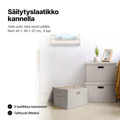 Säilytyslaatikko kannella beigeä kangasta olohuoneessa – noin 42 × 30 × 27 cm laatikkoa kohden