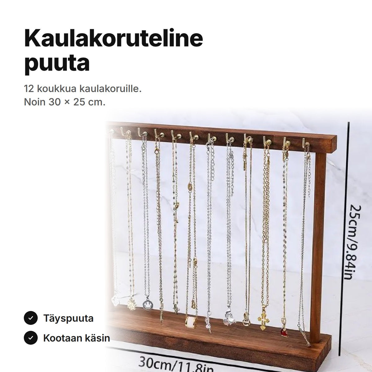 Kaulakoruteline puuta – 12 koukkua, noin 30 × 25 cm, tummanruskea