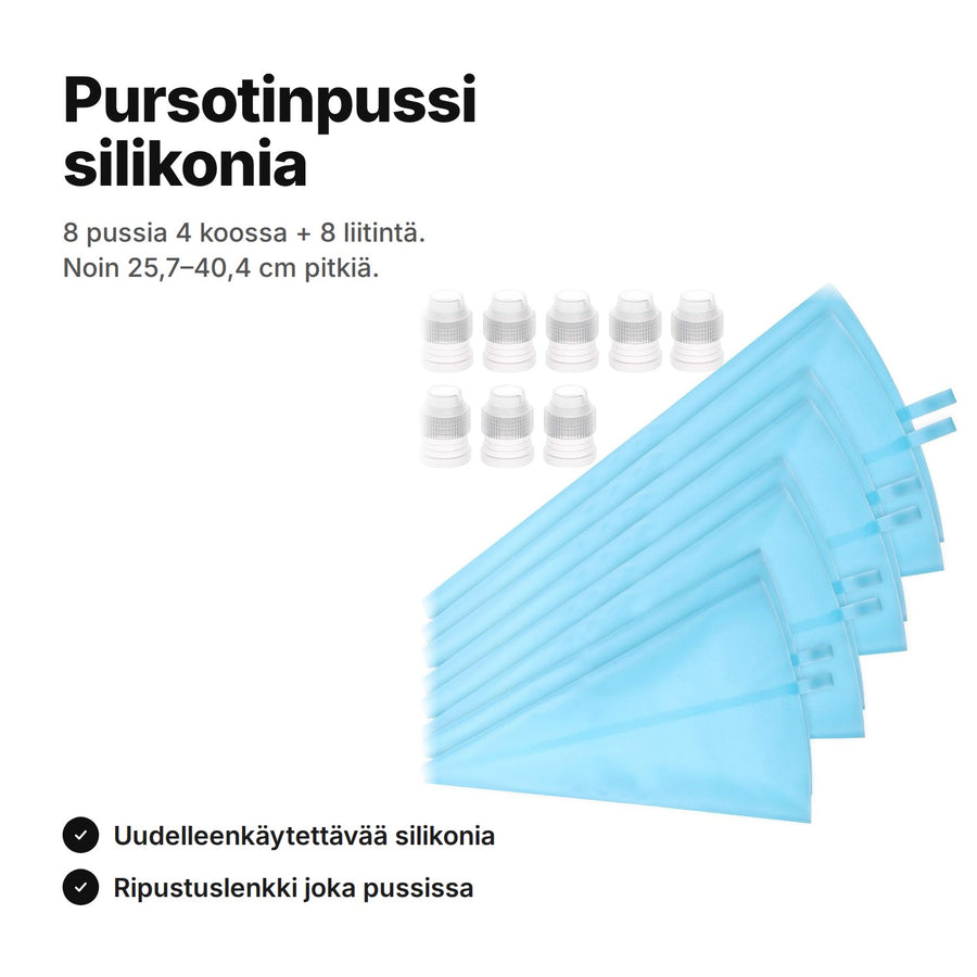 Pursotinpussi silikonia: 8 uudelleenkäytettävää pussia neljässä koossa ja 8 liitintä – pussit noin 25,7–40,4 cm