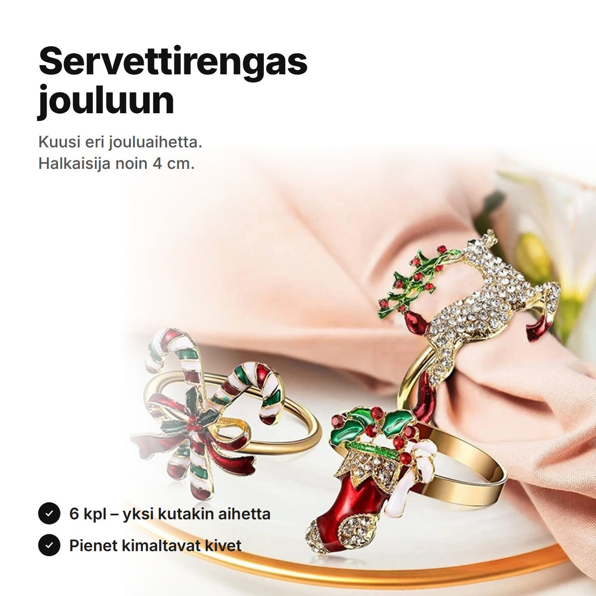 Servettirengas jouluun: kullanväriset renkaat, joissa karkkikepit, joulusukka ja poro, vaaleanpunaisen servetin vieressä – Ø noin 4 cm