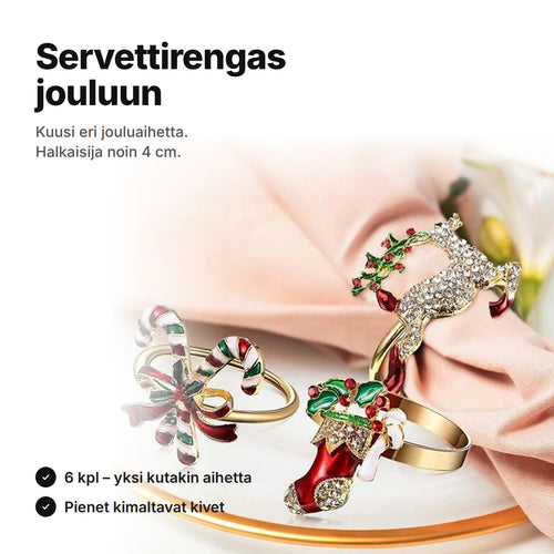 Servettirengas jouluun: kullanväriset renkaat, joissa karkkikepit, joulusukka ja poro, vaaleanpunaisen servetin vieressä – Ø noin 4 cm