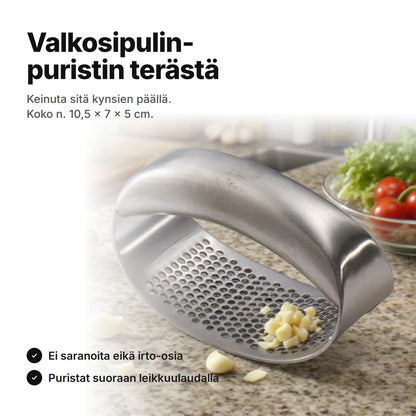 Valkosipulinpuristin ruostumatonta terästä keittiötasolla – n. 10,5 × 7 × 5 cm, ei saranoita eikä irtonaisia osia