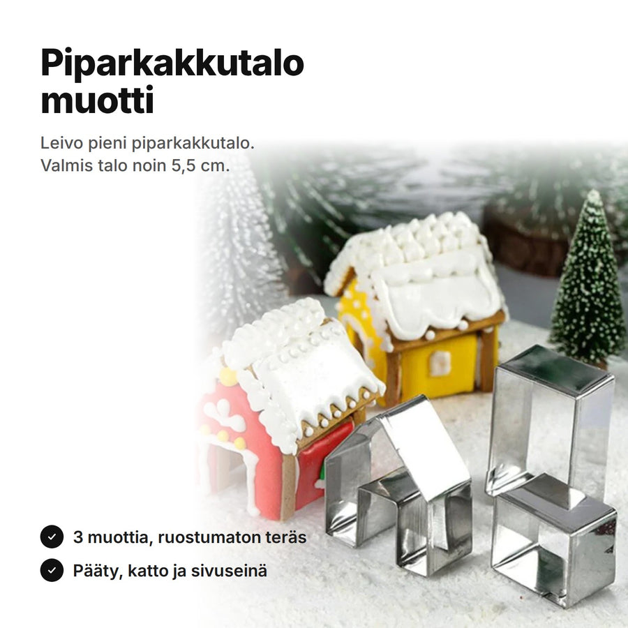 Piparkakkutalo muotti: kolme teräsmuottia ja kaksi kuorrutettua minipiparkakkutaloa, valmis talo noin 5,5 cm